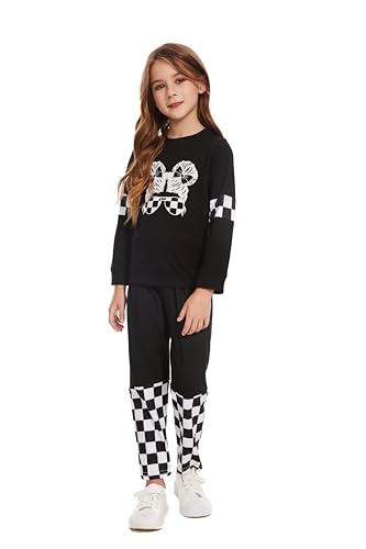 Pipikiddy Girls Plaid Long Sleeve Crop Top & Jogger Pants Black White