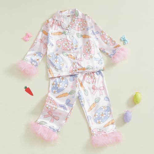 DuAnyozu Little Girl Easter Pajama Set Satin Carrot Eggs Feather Cuff